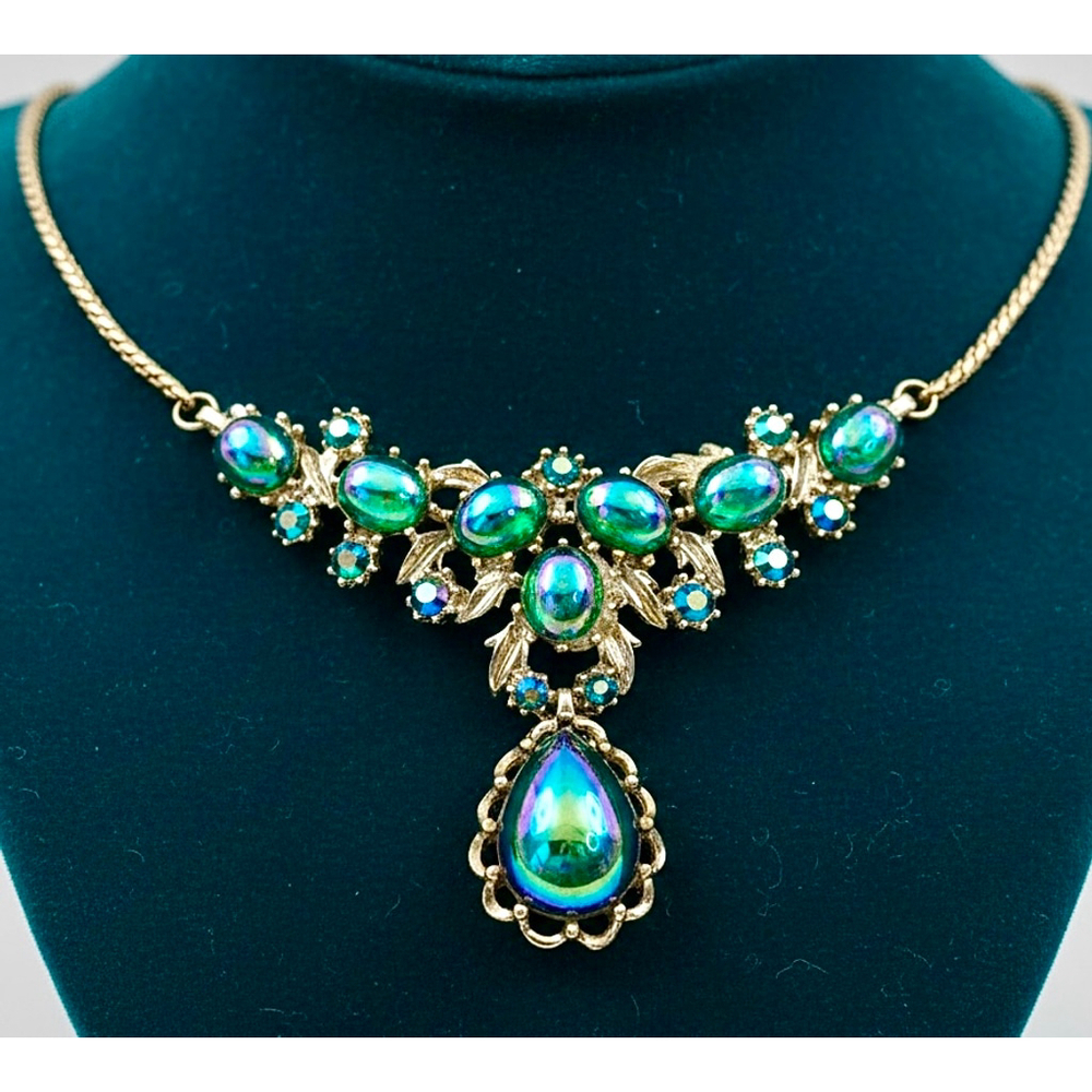 Vintage Coro Peacock Green Polychrome Cabochon Necklace Rhinestone Statement. - Picture 7 of 8